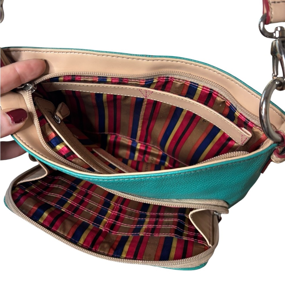 Tignanello Leather Crossbody Teal Tan Colorblock 10x7 Multi Pocket - Picture 7 of 9